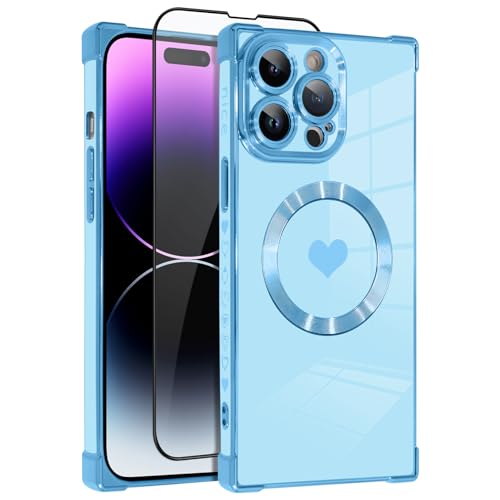 OOK Magnetische Hülle für iPhone 14 Pro Max 6,7 Zoll [Kabelloses Laden kompatibel] Weiche TPU Herz Design Handyhülle mit Displayschutzfolie Stoßfest Schutz Slim Case für Frauen - Blau von OOK