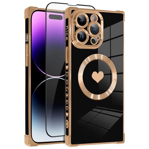 OOK Magnetische Hülle für iPhone 14 Pro Max 6,7 Zoll [Kabelloses Laden kompatibel] Weiche TPU Herz Design Handyhülle mit Displayschutzfolie Stoßfest Schutz Slim Case für Frauen - Schwarz von OOK