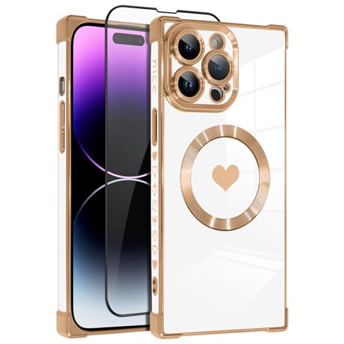 OOK Magnetische Hülle für iPhone 14 Pro Max 6,7 Zoll [Kabelloses Laden kompatibel] Weiche TPU Herz Design Handyhülle mit Displayschutzfolie Stoßfest Schutz Slim Case für Frauen - Weiß von OOK