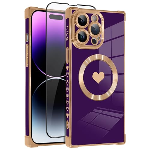 OOK Magnetische Hülle für iPhone 14 Pro Max 6,7 Zoll [Kabelloses Laden kompatibel] Weiche TPU Herz Design Handyhülle mit Displayschutzfolie Stoßfester Schutz Slim Case für Frauen - Lila von OOK
