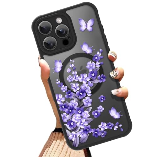 OOK Magnetische Hülle für iPhone 16 Pro 6,3 Zoll [Kompatibel mit MagSafe] Weiches TPU und hartes PC Ganzkörperschutz Hülle mit Lila Blumen Anti-Kratzer Stoßfest Slim Phone Cover für Frauen von OOK