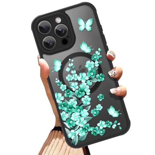 OOK Magnetische Hülle für iPhone 16 Pro 6,3 Zoll [Kompatibel mit MagSafe] Weiches TPU und hartes PC Ganzkörperschutz Hülle mit grünen Blumen Anti-Kratzer Stoßfest Slim Phone Cover für Frauen von OOK
