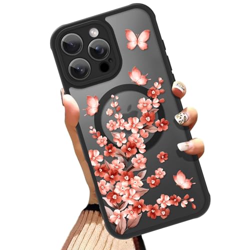 OOK Magnetische Hülle für iPhone 16 Pro Max 6,9 Zoll [Kompatibel mit MagSafe] Weiches TPU und hartes PC Ganzkörperschutz Hülle mit orangefarbenen Blumen, Anti-Kratzer, stoßfest, schlanke Handyhülle von OOK
