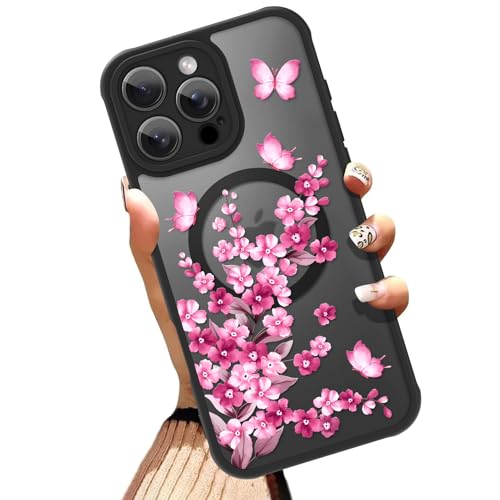 OOK Magnetische Hülle für iPhone 16 Pro Max 6,9 Zoll [Kompatibel mit MagSafe] Weiches TPU und hartes PC Ganzkörperschutz Hülle mit rosa Blumen Blumen Anti-Kratzer Stoßfest Slim Phone Cover für Frauen von OOK
