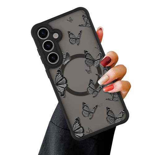 OOK Magnetische Schutzhülle für Samsung Galaxy S24 [Kompatibel mit MagSafe] Schwarz Schmetterling Slim Translucent Matte Hülle für Samsung Galaxy S24 Cover, Black Butterfly (6,1 Zoll) von OOK