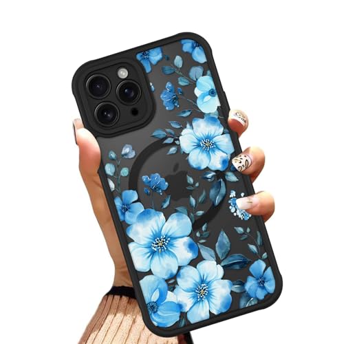OOK Magnetische Schutzhülle für iPhone 11 Pro Max 6,5 Zoll (kompatibel mit MagSafe), weiches TPU und hartes Polycarbonat, Handyhülle mit blauen Blumen, kratzfeste, stoßfeste Schutzhülle für Frauen von OOK