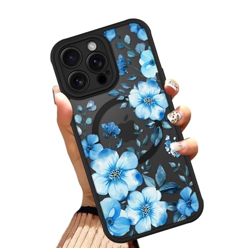 OOK Magnetische Schutzhülle für iPhone 12 Pro Max 6,7 Zoll (kompatibel mit MagSafe), weiches TPU und hartes Polycarbonat, Handyhülle mit blauen Blumen, kratzfeste, stoßfeste Schutzhülle für Frauen von OOK