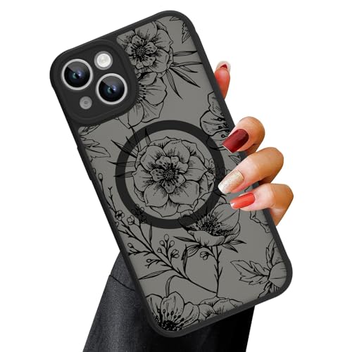 OOK Magnetische Schutzhülle für iPhone 13, schwarz, Blumenmuster, kompatibel mit MagSafe, schlanke, durchscheinende, matte Kameralinsenschutzhülle, für iPhone 13, schwarzes Blumenmuster (6,1 Zoll) von OOK