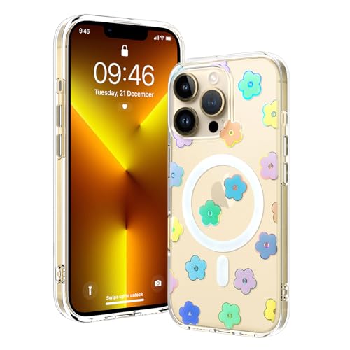 OOK Magnetische Schutzhülle für iPhone 13 Pro Max [Kompatibel mit Magsafe] Glitzer Blumen Blumen Design Plating Bling Clear Case Harte Rückseite für iPhone 13 Pro Max Handyhülle, Glitzer Blume (6,7 von OOK