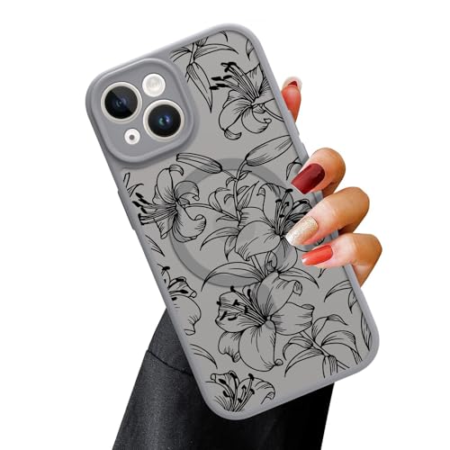 OOK Magnetische Schutzhülle für iPhone 14, Motiv: graue Blumenlilie, kompatibel mit MagSafe, schlanke, durchscheinende, matte Kameralinsenschutzhülle für iPhone 14, graues Lilienmuster (6,1 Zoll) von OOK