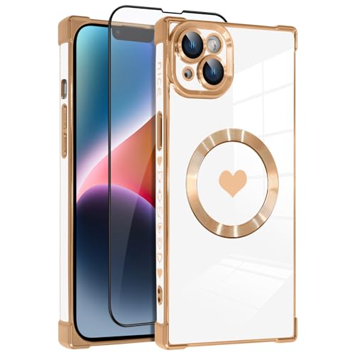 OOK Magnetische Schutzhülle für iPhone 14 15,5 cm (6,1 Zoll), kompatibel mit kabellosem Laden, weiches TPU, Herz-Design, Handyhülle mit Displayschutzfolie, stoßfester Schutz, schlanke Schutzhülle für von OOK