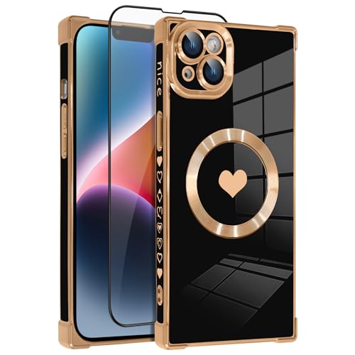 OOK Magnetische Schutzhülle für iPhone 14 15,5 cm (6,1 Zoll), kompatibel mit kabellosem Laden, weiches TPU, Herz-Design, Telefonabdeckung mit Displayschutzfolie, stoßfester Schutz, schlanke von OOK