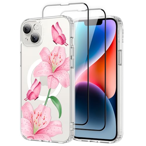 OOK Magnetische Schutzhülle für iPhone 14 Plus, niedliches Blumen- und Schmetterling-Design, mit 2 Displayschutzfolien, kompatibel mit MagSafe, für Mädchen und Frauen, Blumenmuster, transparent von OOK