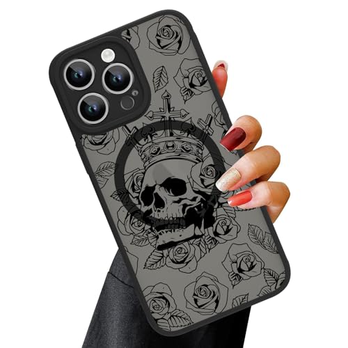 OOK Magnetische Schutzhülle für iPhone 14 Pro, Schwarz Blume Schädel Muster [Kompatibel mit MagSafe] Schlanke, durchscheinende matte Kameralinsenschutzhülle für iPhone 14 Pro, schwarzes von OOK