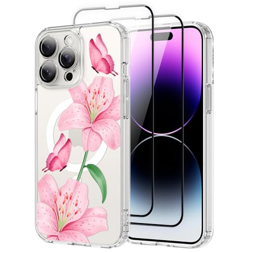 OOK Magnetische Schutzhülle für iPhone 14 Pro Max, niedliches Blumen- und Schmetterling-Design, mit 2 Displayschutzfolien, kompatibel mit MagSafe, für Mädchen und Frauen, Blumenmuster, transparent OOK Magnetische Schutzhülle für iPhone 14 Pro Max, niedliches Blumen- und Schmetterling-Design, mit 2 Displayschutzfolien, kompatibel mit MagSafe, für Mädchen und Frauen, Blumenmuster, transparent von OOK