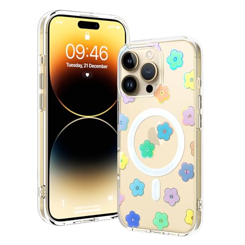 OOK Magnetische Schutzhülle für iPhone 14 Pro Max [kompatibel mit Magsafe] Glitzer Blumen Blumen Design Plating Bling Clear Case Harte Rückseite für iPhone 14 Pro Max Handyhülle Glitzer Blume (6,7 von OOK
