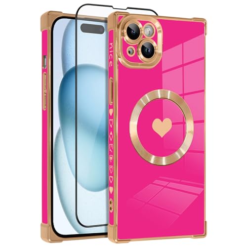OOK Magnetische Schutzhülle für iPhone 15, 15,5 cm (6,1 Zoll), kompatibel mit kabellosem Laden, weiches TPU, Herz-Design, Handyhülle mit Displayschutzfolie, stoßfester Schutz, schlanke Schutzhülle für von OOK