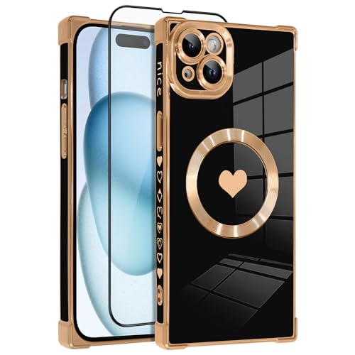 OOK Magnetische Schutzhülle für iPhone 15, 15,5 cm (6,1 Zoll), kompatibel mit kabellosem Laden, weiches TPU, Herz-Design, Telefonabdeckung mit Displayschutzfolie, stoßfester Schutz, schlanke von OOK