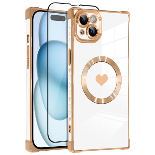 OOK Magnetische Schutzhülle für iPhone 15, 15,5 cm (6,1 Zoll), kompatibel mit kabellosem Laden, weiches TPU, Herz-Design, Telefonabdeckung mit Displayschutzfolie, stoßfester Schutz, schlanke von OOK