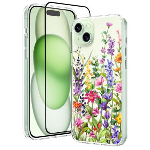 OOK Magnetische Schutzhülle für iPhone 15, kompatibel mit Magsafe, buntes Wildblumen-Design, transparente Hülle mit Kameralinse, Schutzhülle für iPhone 15, Rattan-Blume (15,5 cm) von OOK