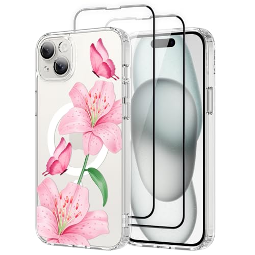 OOK Magnetische Schutzhülle für iPhone 15 Plus, niedliches Blumen- und Schmetterling-Design, mit 2 Displayschutzfolien, kompatibel mit MagSafe, für Mädchen und Frauen, Blumenmuster, transparent von OOK