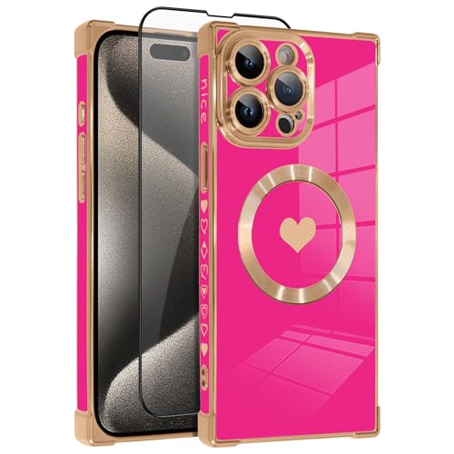 OOK Magnetische Schutzhülle für iPhone 15 Pro 6,1 Zoll [Kabelloses Laden kompatibel] Weiche TPU Herz Design Handyhülle mit Displayschutzfolie Stoßfest Schutz Slim Case für Frauen - Hot Pink von OOK
