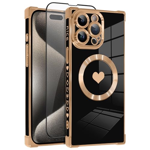 OOK Magnetische Schutzhülle für iPhone 15 Pro 6,1 Zoll [Kabelloses Laden kompatibel] Weiche TPU Herz Design Handyhülle mit Displayschutzfolie Stoßfest Schutz Slim Case für Frauen - Schwarz von OOK