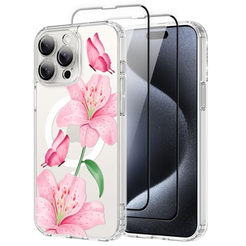 OOK Magnetische Schutzhülle für iPhone 15 Pro Max, niedliches Blumen- und Schmetterling-Design, mit 2 Displayschutzfolien, kompatibel mit MagSafe, für Mädchen und Frauen, Blumenmuster, transparent von OOK