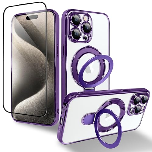 OOK Magnetische Schutzhülle für iPhone 15 Pro Max [kompatibel mit MagSafe] Ganzkörper-Schutzhülle mit Kameralinsenschutz, Ständer, Displayschutzfolie, kratzfest, stoßfest, für Damen und Herren, Lila von OOK