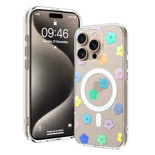 OOK Magnetische Schutzhülle für iPhone 15 Pro Max [kompatibel mit Magsafe] Glitzer Blumen Blumen Design Plating Bling Clear Case Harte Rückseite für iPhone 15 Pro Max Handyhülle Glitzer Blume (6,7 von OOK