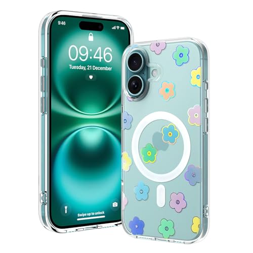 OOK Magnetische Schutzhülle für iPhone 16, kompatibel mit Magsafe, Glitzer-Blumen, Blumen-Design, Plating Bling Clear Case, harte Rückseite für iPhone 16, Glitzer-Blume (6,1 Zoll) von OOK