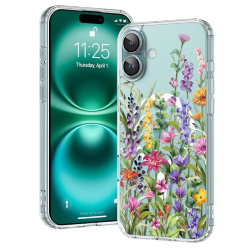 OOK Magnetische Schutzhülle für iPhone 16, kompatibel mit Magsafe, buntes Wildblumen-Design, transparente Hülle mit Kameralinse, Schutzhülle für iPhone 16, Rattan-Blume (15,5 cm) von OOK