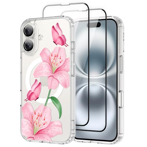 OOK Magnetische Schutzhülle für iPhone 16 Plus, niedliches Blumen- und Schmetterling-Design, mit 2 Displayschutzfolien, kompatibel mit MagSafe, für Mädchen und Frauen, Blumenmuster, transparent von OOK
