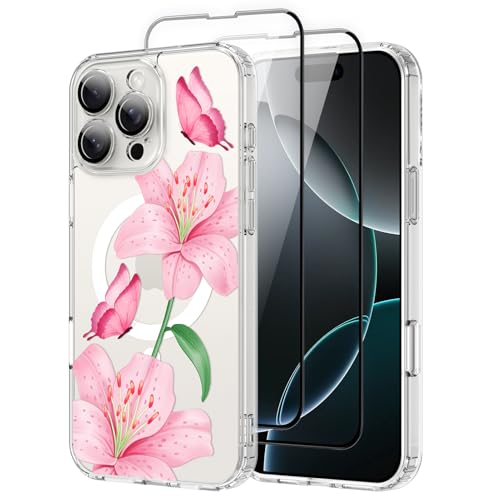 OOK Magnetische Schutzhülle für iPhone 16 Pro Max, niedliches Blumen- und Schmetterling-Design, mit 2 Displayschutzfolien, kompatibel mit MagSafe, für Mädchen und Frauen, Blumenmuster, transparent von OOK