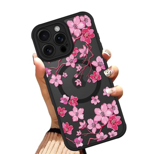OOK Magnetische Schutzhülle für iPhone 16 Pro Max 6,9 Zoll (kompatibel mit MagSafe), weiches TPU und hartes Polycarbonat, Handyhülle mit rosa Blumen, Anti-Kratzer, Stoßfeste Schutzhülle für Frauen von OOK