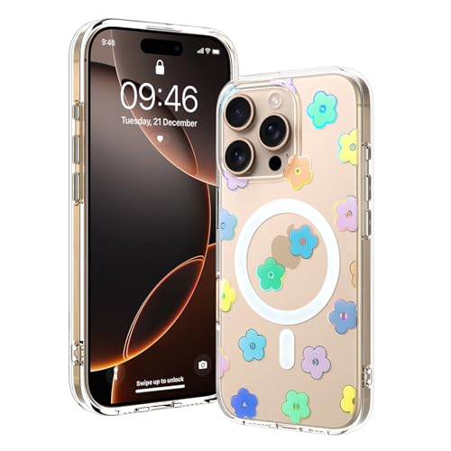 OOK Magnetische Schutzhülle für iPhone 16 Pro Max [kompatibel mit Magsafe] Glitzer Blumen Blumen Design Plating Bling Clear Case Harte Rückseite für iPhone 16 Pro Max Handyhülle Glitzer Blume (6,9 von OOK