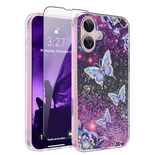 OOK Magnetische Schutzhülle für iPhone 16 [kompatibel mit MagSafe] Glitzer Lila Schmetterling Nebel Weltraum Design Hard PC + Clear Bumper Anti-Rutsch Ultra Dünn Cover Case, Lila Schmetterling (6,1 von OOK