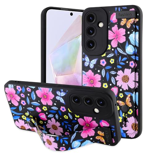 OOK Schutzhülle für Samsung Galaxy A35 5G, Silikon, mit Riemen, niedliches schwarzes Blumenmuster, schmal, weich, Ständer, stoßfest, mit Blumenmuster OOK Schutzhülle für Samsung Galaxy A35 5G, Silikon, mit Riemen, niedliches schwarzes Blumenmuster, schmal, weich, Ständer, stoßfest, mit Blumenmuster von OOK