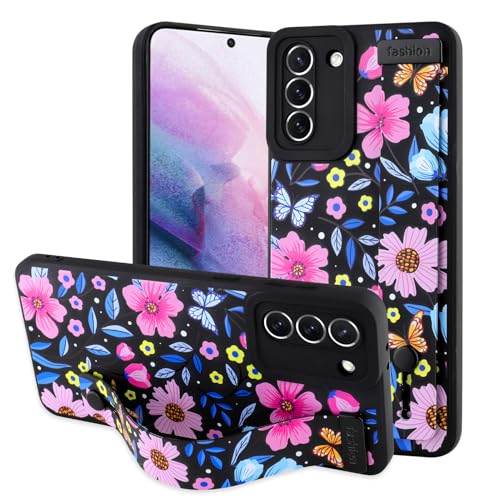 OOK Schutzhülle für Samsung Galaxy S21 Plus, Silikon, mit Riemen, niedliches schwarzes Blumenmuster, schmal, weiches Armband, Ständer, stoßfester Schutz, für Samsung Galaxy S21 Plus von OOK
