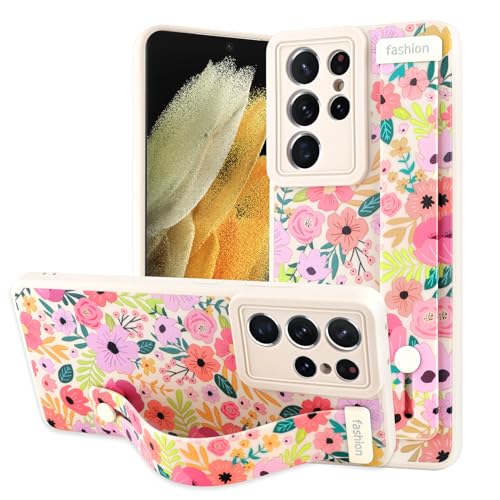OOK Schutzhülle für Samsung Galaxy S21 Ultra, Silikon, mit Riemen für Damen, Mädchen, niedliches Blumenmuster, schmal, weich, Ständer, stoßfester Schutz, weiße Handyhülle (rosa Blüte) von OOK