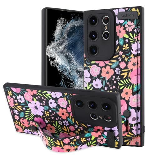 OOK Schutzhülle für Samsung Galaxy S22 Ultra, Silikon, mit Riemen für Damen, Mädchen, niedliches Blumenmuster, schmal, weich, Ständer, stoßfest, schwarz, Handy-Schutzhülle (rosa Blüte) von OOK