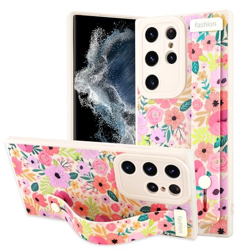 OOK Schutzhülle für Samsung Galaxy S22 Ultra mit Blumenmuster aus Silikon mit Band für Damen, niedliches Blumenmuster, schmal, weiches Armband, Ständer, stoßfester Schutz, weiße Blüte von OOK