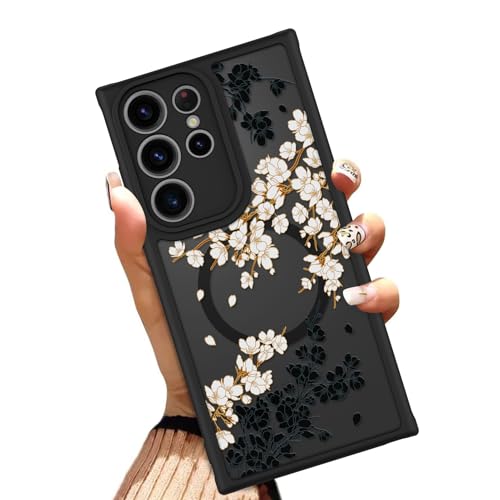 OOK Schutzhülle für Samsung Galaxy S23 Ultra 17,3 cm (6,8 Zoll), kompatibel mit kabellosem Laden, Blumenmuster, durchscheinend, weiches TPU + hartes Polycarbonat, kratzfest, stoßfest, magnetische von OOK
