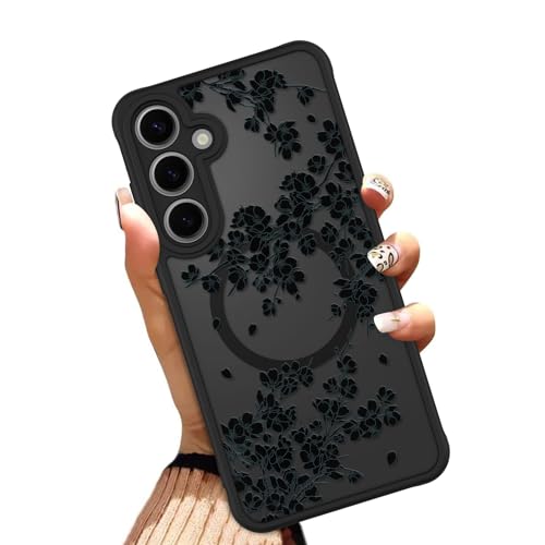 OOK Schutzhülle für Samsung Galaxy S24 FE 6,7 Zoll (kompatibel mit kabellosem Laden), schwarze Blumen, Blumendesign, durchscheinende Handyhülle, weiches TPU + hartes Polycarbonat, kratzfest, stoßfest von OOK