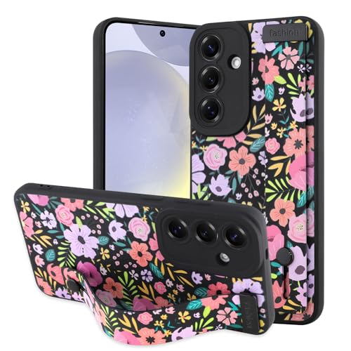 OOK Schutzhülle für Samsung Galaxy S24 Plus, Silikon, mit Riemen, niedliches Blumenmuster, schmales weiches Armband, Ständer, stoßfester Schutz, schwarze Blüte von OOK