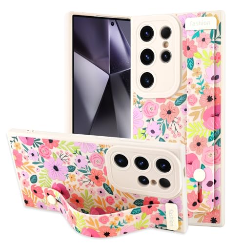 OOK Schutzhülle für Samsung Galaxy S24 Ultra, Silikon, mit Riemen, niedliches Blumenmuster, schmal, weiches Armband, Ständer, stoßfester Schutz, weiße Handyhülle (rosa Blüte) von OOK