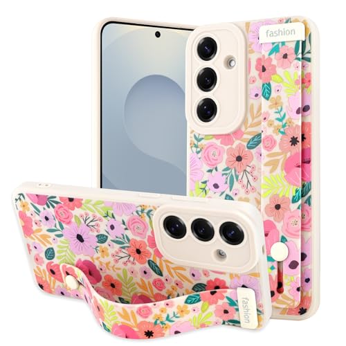 OOK Schutzhülle für Samsung Galaxy S25 Plus, Silikon, mit Riemen, niedliches Blumenmuster, schmal, weich, Ständer, stoßfester Schutz, weiße Handyhülle (rosa Blüte) von OOK