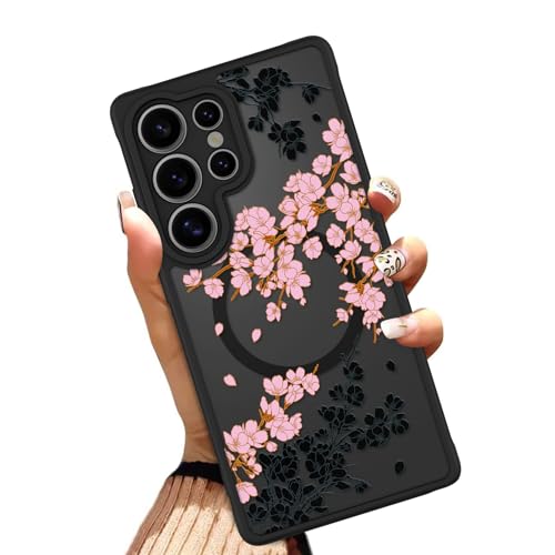 OOK Schutzhülle für S25 Ultra 17,5 cm (6,9 Zoll) (kabelloses Laden kompatibel), rosa Blumen-Design, durchscheinende Handyhülle, weiches TPU + hartes Polycarbonat, kratzfest, stoßfest, magnetische von OOK