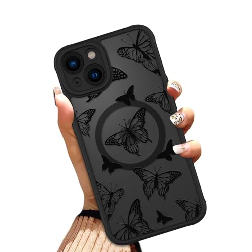 OOK Schutzhülle für iPhone 14 Plus 6,7 Zoll (kompatibel mit MagSafe) Schwarz Schmetterling Design Transluzente Handyhülle Weiches TPU + Hartes PC Anti-Kratzer Stoßfest Magnetisch Niedlich Hülle für von OOK