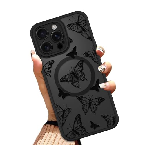 OOK Schutzhülle für iPhone 14 Pro Max 6,7 Zoll (kompatibel mit MagSafe) Schwarz Schmetterling Design Transluzente Handyhülle Weiches TPU + Hartes PC Anti-Kratzer Stoßfest Magnetisch Cute Case für von OOK